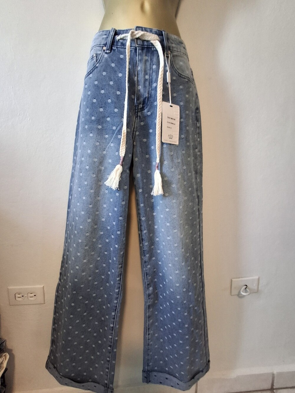 Light Blue Polka Dot Wide-Leg Jeans